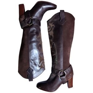 LL Bean Knee High Tall Harness Boots Women's Size 7.5M Heel Brown Leather Buckle
